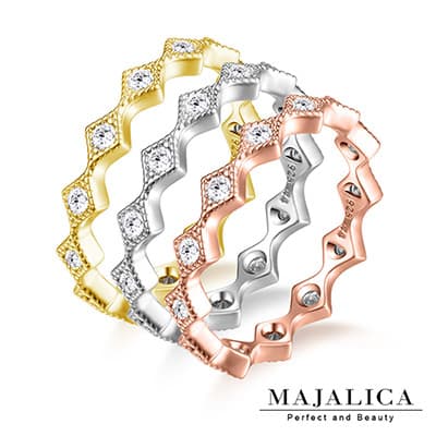 Majalica純銀戒指 菱形簡約線戒尾戒鑲鑽單只戒-共3色